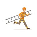 Fireman character in uniform and protective helmet running with ladder, firefighter at work vector illustration