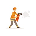 Fireman character in uniform and protective helmet spraying foam from a fire extinguisher, firefighter at work vector