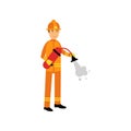 Fireman character in uniform and protective helmet, spraying foam from fire extinguisher