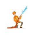 Fireman character in uniform and protective helmet spraying water using hose, firefighter at work vector illustration