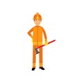 Fireman character in uniform and protective helmet, standing with axe