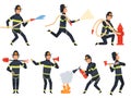 Fireman characters. Rescue firefighter saving helping people water and fire vector mascots in action poses