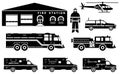 Fireman concept. Detailed illustration of firefighter, fire station building, firetruck and helicopter in flat style Royalty Free Stock Photo