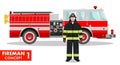Fireman concept. Detailed illustration of firefighter and fire truck in flat style on white background. Vector
