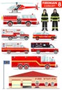 Fireman concept. Detailed illustration of firefighter, firewoman in uniform, fire station building, firetruck and