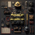 Fireman costume and props, knolling layout. Generative AI