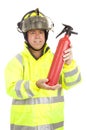 Fireman Demonstrates Fire Extinguisher