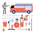 Fireman and equipment. Professional rescue gear, firefighter uniform, extinguisher and hydrant. Glove helmet and truck Royalty Free Stock Photo