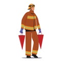 Fireman Extreme Profession, Job, Fire Fighter in Uniform and Helmet Carry Buckets with Water in Hands for Watering Fire