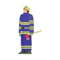 Fireman fighting fire using fire axe, flat cartoon vector illustration isolated