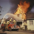 1900 fireman fights fire burning homes Royalty Free Stock Photo
