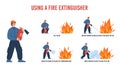 Fireman with fire extinguisher fights flame, flat vector illustration on white background with text. Royalty Free Stock Photo