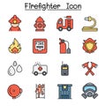 Fireman, Fire Fighter, Fire Station color line icon set vector illustration graphic design