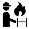 Fireman and fire solid icon. Firefighter with flame and fence vector illustration isolated on white. Fireman in helmet