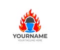 Fireman or firefighter in helmet comes out of flame or fire, logo design. Fire fighting and fire department, vector design