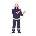Fireman cartoon character wearing overalls pointing aside vector illustration isolated on white