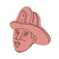 Fireman Firefighter Wearing Hat Mono Line Drawing