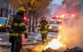 Fireman in fireman uniform and first responders extinguish fire in dangerous conditions