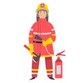 Flat cartoon character fireman with ax and fire extinguisher. Vector illustration