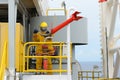 fireman is guarding for offshore helicopter before start up engine Royalty Free Stock Photo