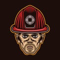 Fireman head in firefighter helmet character vector illustration in colored style isolated on dark background