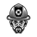 Fireman head in firefighter helmet character vector illustration in monochrome style isolated on white background