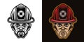 Fireman head in firefighter helmet character vector illustration, two styles black and white and colorful