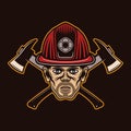 Fireman head in firefighter helmet and two crossed axes character vector illustration in colored style isolated on dark