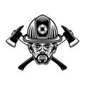 Fireman head in firefighter helmet and two crossed axes character vector illustration in monochrome style isolated on