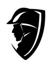 Fireman head in heraldic shield black and white vector design