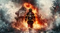 Fireman heading to tackle a blazing house amidst a fiery scene. Heroic firefighter in action against a home fire inferno