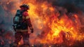 Fireman heading to tackle blazing house amidst fiery scene. Heroic firefighter in action against a home inferno. Concept