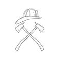 Fireman Helmet With Crossed Fire Axe Line Drawing Black and White Royalty Free Stock Photo
