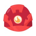 Fireman helmet icon, front view. Hat of firefighter with metal emblemsor logo. Red fireman cup, uniform headwear. Vector Royalty Free Stock Photo