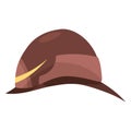 Fireman helmet icon, side view. Hat of firefighter with metal emblemsor logo. Brown fireman cup, uniform headwear Royalty Free Stock Photo