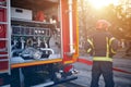 Fireman hero, ready to protect all humanity from fire,  firefighter in protective uniform Royalty Free Stock Photo