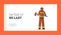 Fireman Holding Axe Landing Page Template. Fire Man with Special Equipment for Fighting with Blaze and Breaking Barriers