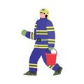 Fireman holding bucket fighting fire, flat cartoon vector illustration isolated Royalty Free Stock Photo