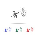 Fireman holding hose extinguishing fire with water icon. Elements of firefighter multi colored icons. Premium quality graphic desi Royalty Free Stock Photo