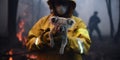Fireman Holding Wild Koala Bear Child During Fire In Forest