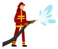 Fireman isolated illustration. Firefighter extinguish burning fire. Fire fighting man puts out fire with hose.Rescue Royalty Free Stock Photo