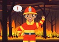Fireman kid boy firefighter in protective uniform warning about wildfire disaster