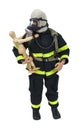 Fireman Model Holding a Wooden Child Royalty Free Stock Photo