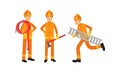 Fireman in Orange Uniform with Hosepipe and Ladder Working Vector Illustration Set