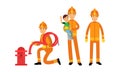 Fireman in Orange Uniform Saving Little Boy and Holding Hosepipe Vector Illustration Set