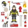 Fireman Professional Equipment Flat Icons Collection