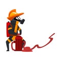 Fireman in a protective mask spraying water using hydrant, firefighter character in uniform vector Illustration on a Royalty Free Stock Photo