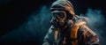 Fireman in protective suit, helmet and gas mask extinguishing flame. Dark background with smoke and fire. Banner, Copy