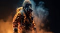 Fireman in protective suit, helmet and gas mask extinguishing flame. Dark background with smoke and fire. Generative AI