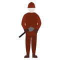 Fireman at red Fire Fighter Uniform and Helmet holding axe. Flat illustration
